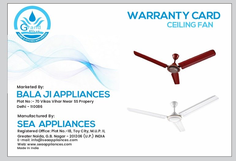 Ceiling fan warranty card design sample